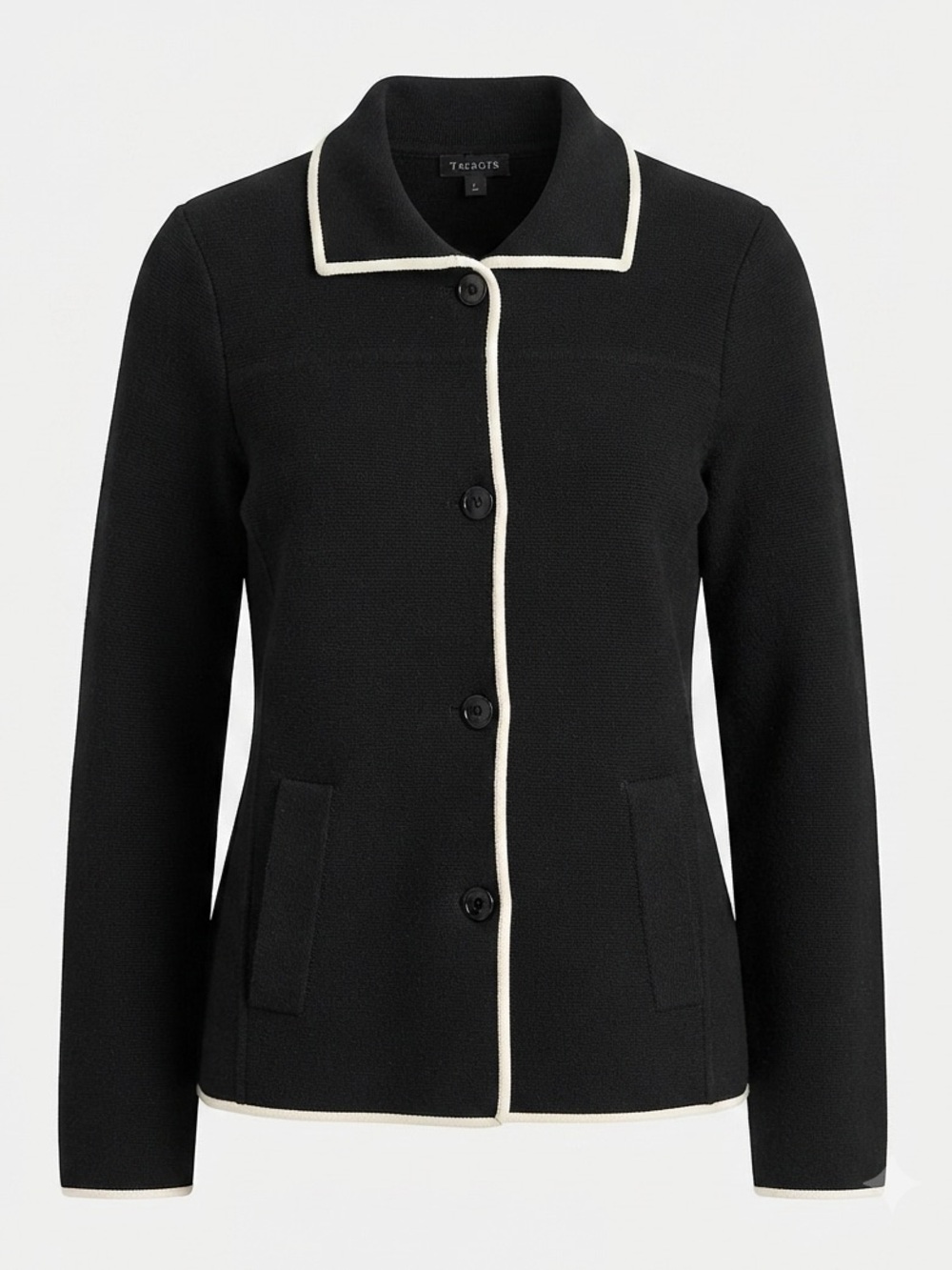 Talbots Black Knit Sweater Blazer Cardigan White Contrast Trim Button Up Jacket